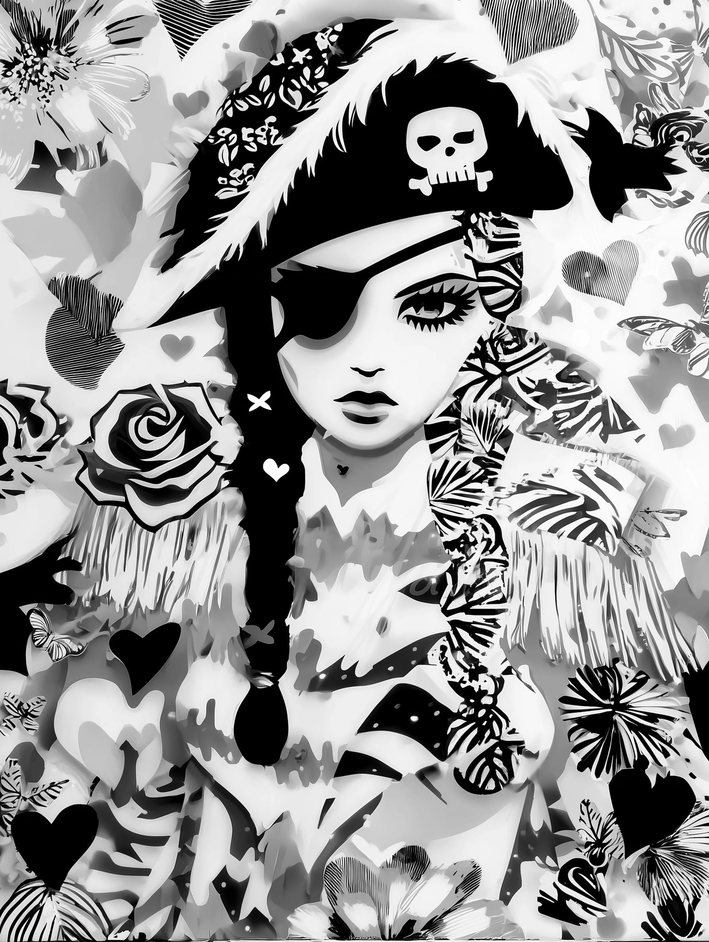 Free printable pirate coloring pages for adults featuring a pirate woman with braids